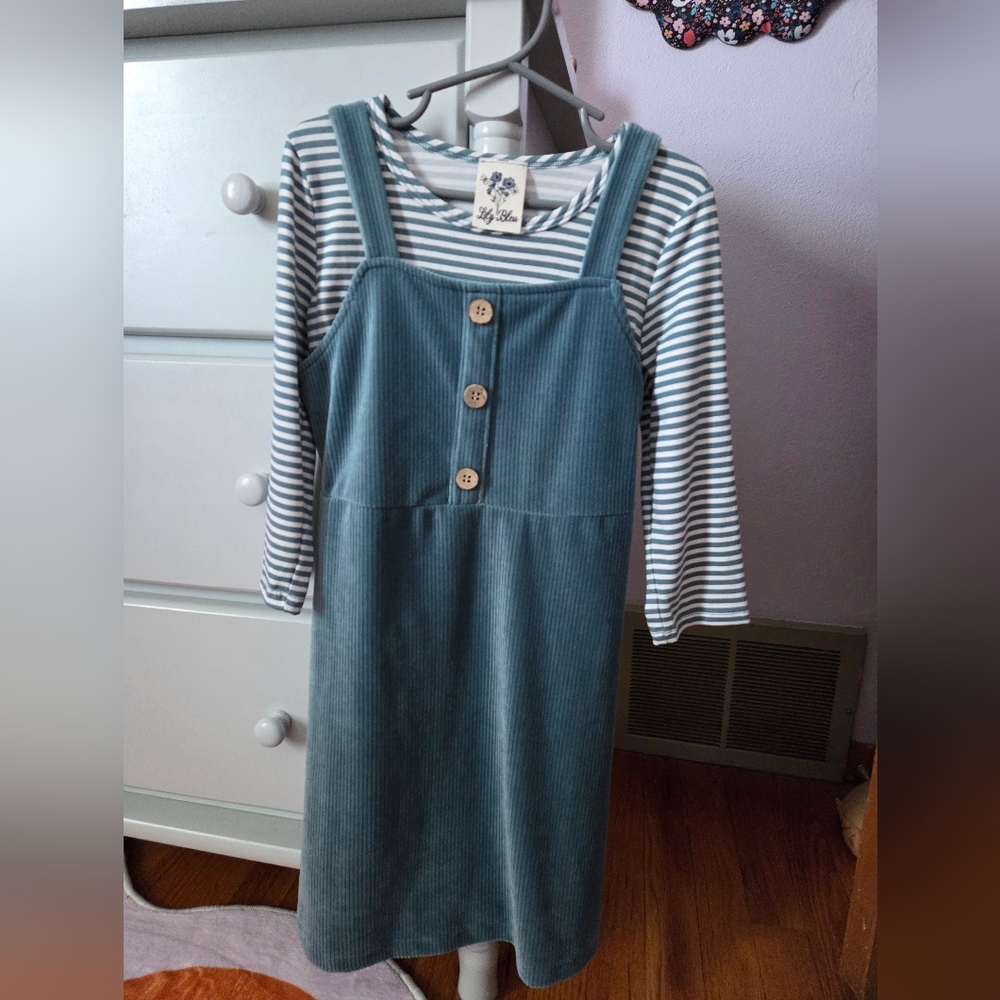 Lily Bleu Striped Tee with Teal Green Corduroy Pinafore Dress Size 6 Girls